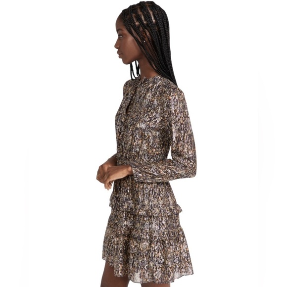 Ba&sh glen mini dress tiered skirt silk blend metallic long sleeve leaf print xs - Picture 4 of 15